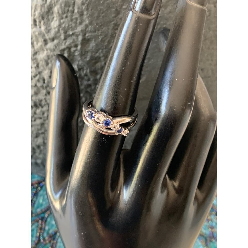 Vintage Royal Blue and Clear CZ Silver Twist Ring, Unmarked